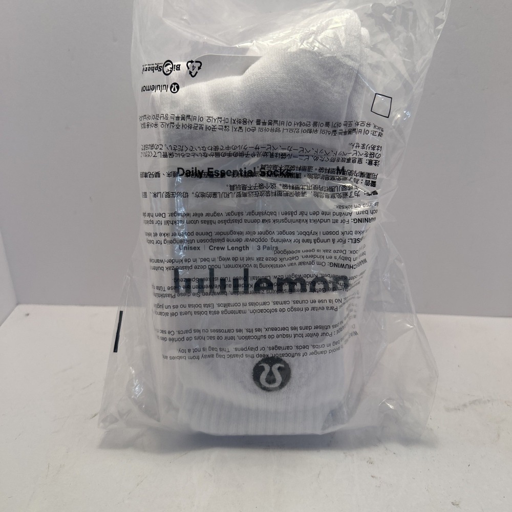 lululemon Daily Essential Crew Socks, Solid White, Size M, 3 pair